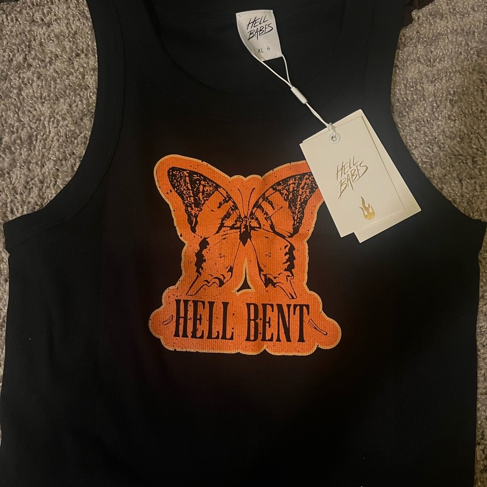 Hell Babes Hell Bent Black Tank Top with Orange Butterfly NWT XL